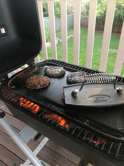 Cast Iron Burger Grill Press - Flaming Coals