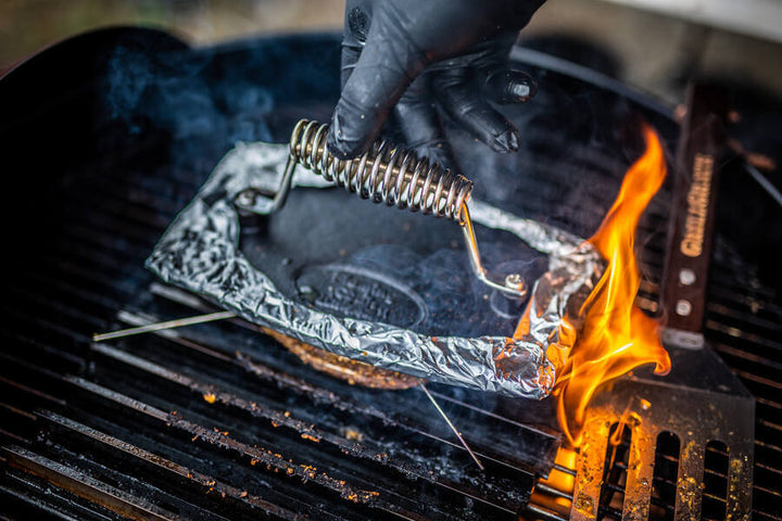 Cast Iron Burger Grill Press - Flaming Coals