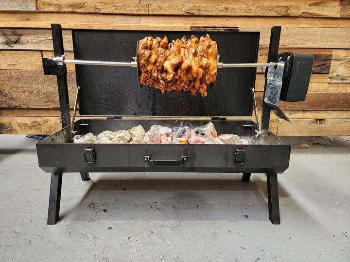 Mini Spit Roaster Charcoal BBQ - Black 3v Motor | Flaming Coals